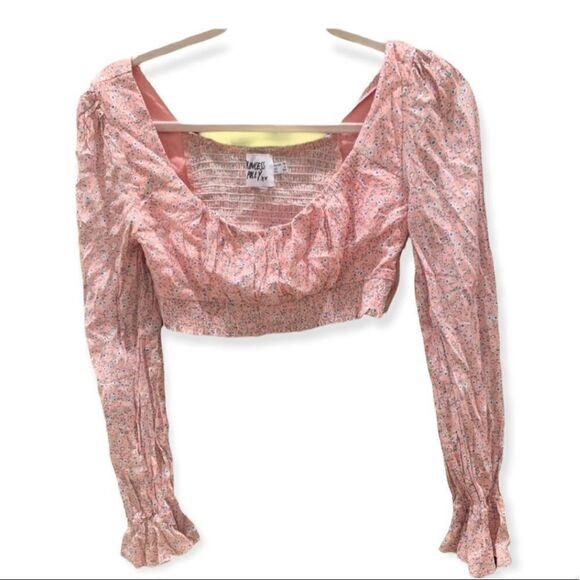 Princess Polly Light Pink Long Bell Sleeve Smocked Crop Top - Picture 1 of 9